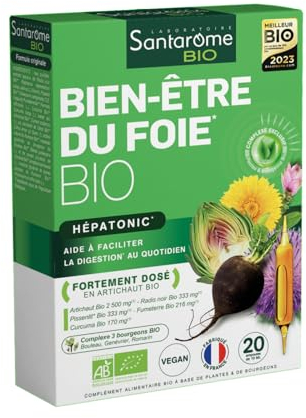 Santarome Bio - Bien-Être, Complément Alimentaire Foie & Digestion, Détox - Plantes Bio - Artichaut, Radis Noir, Pissenlit - Hépatonic, 20 Ampoules, Végan, Made In France