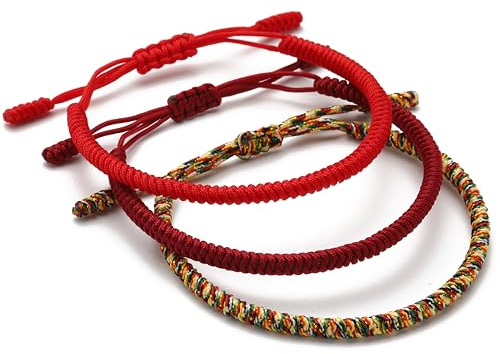 LUCKY BUDDHIST Handgefertigte Armbänder Tibetische Glücksarmbänder. für Frauen, Männer. Einstellbare Größe! Freundschaftsgeschenk. Handgefertigte Seilarmbänder. Rot, Dunkelrot, Multigold