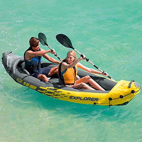 Intex 68307NP Inflatable canoe Explorer K2 2 seater PVC, Water Kayak includes the manual air pump, 2 paddles, and repair patch, Measures 312 cm x 91 cm x 51 cm