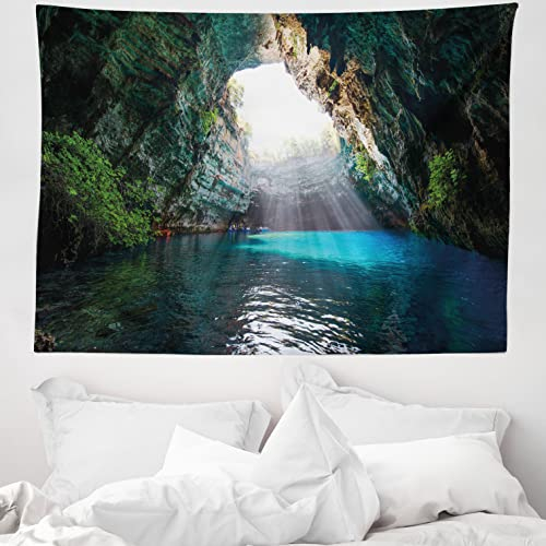 ABAKUHAUS Höhle Wandteppich, Melissani See Kefalonia aus Weiches Mikrofaser Stoff Waschbar ohne Verblassen Digitaldruck, 150 x 110 cm, Ozeanblau