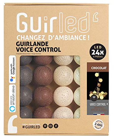 GuirLED - LED Baumwollkugeln Lichterkette WIFI USB - Sprachsteuerung - Connected Home - Amazon Alexa & Google Assistant - 2xUSB-Netzadapter enthalten - 24 Kugeln 2,4m - Schokolade