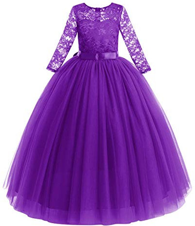Fille Robe de Demoiselle d'honneur Princesse Dentelle Tutu Tulle Mariage Robe Longue de Soirée Formelle Fête d'anniversaire Soirée Cérémonie Manches 3/4 Robe de Première Communion Violet 7-8 Ans