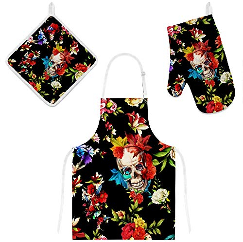 My Daily Kochschürze mit Taschen, Ofenhandschuh und Topflappen-Set, buntes Blumenmuster, Totenkopf, verstellbare Schürze, Mikrowellen-Handschuh, Topflappen, 3-teiliges Set