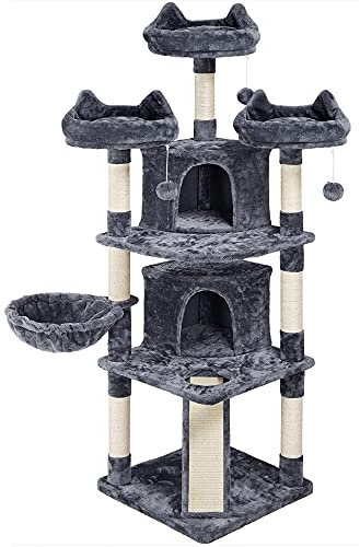 Yaheetech Arbre a Chat Geant 175 cm Design avec Griffoir, Tour de Jeux avec 2 Grottes Spacieux 3 Plateformes Planche à Gratter Gris Foncé