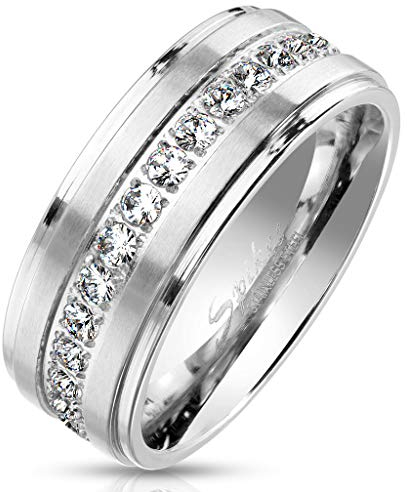 Paula & Fritz® Ring Damen gebürstete Streifen klare Zirkonien 316L Chirurgenstahl Größe 64 (20,4) Silber Verlobungsring Bandring Partnerring Ehering