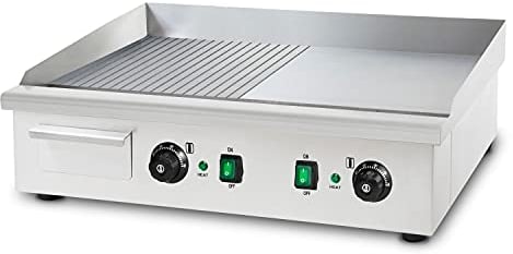 vertes Grillplatte Bratplatte Plancha Grill Elektrisch 4400W aus Edelstahl (Grillfläche Glatt & Mit Rillen 74x41cm, 2x Thermostat, 2x Temperatur 50-300°C, Spritz & Wärmeschutz, Fett Auffangbehälter)