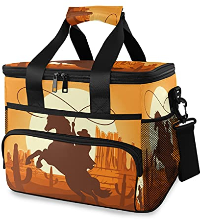 HMZXZ Groß Kühltasche Picknicktasche Lunchtasche Western Cowboy Kaktus 15L Isoliertasche Brotdose Cooler Cooling Tote Bag für Lebensmitteltransport, Camping, BBQ