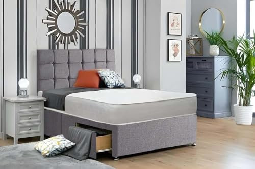Divan Beds Deals - Stylish Grey Linen Look Divan Double Bed with Spring Memory Foam Mattress | Divan Bed Frame with 20” Cube Headboard & 2 Storage Drawers | Room Decore Bed & Mattress Sets