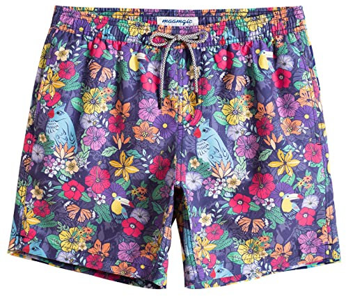 MaaMgic Short de Bain Homme Maillot Séchage Rapide Slip Filet Intégré pour Vacances sur la Plage,Fleurs et Oiseaux Coloré,S