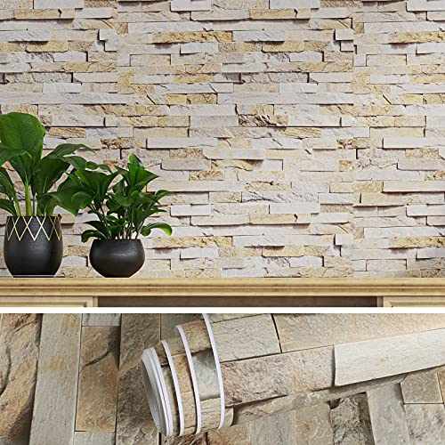 VEELIKE Klebefolie Steinoptik Selbstklebend Folie Ziegeloptik Wandtapete Industrial Deko Wohnzimmer Vintage Tapeten Küchentapete Stein Gelb Tapete Treppe Wasserfest Badezimmer Schlafzimmer 40cm×900cm