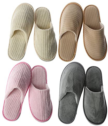 JK Home 4 Pairs Disposable House Slippers, Soft Coral Fleece Closed Toe Non Slip Washable Reusable, Women Men Padded Sole Slippers, Home Indoor Guest Hotel Party Bride Slipper