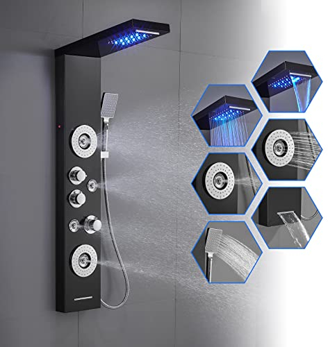 ROVOGO Duschpaneel mit Thermostat LED, 5-Funktion (Regendusche, Wasserfall, Massagedusche, Handbrause und Badewanneneinlauf), 304 Edelstahl Duschsäulen mit Armatur und LED Beleuchtet, Schwarz