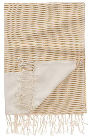 URBANARA Hamamtuch Bolu – 50% Baumwolle & 50% Bambus, Saunatuch/Strandtuch/Liegetuch mit Rautenmuster und Fransen - Senfgelb/Naturweiß