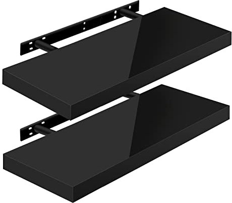 WOLTU Wandregal Volato Set von 2 Regalen Wandboard freischwebend Schweberegal CD DVD Regal Bücherregal Holz Board 60x22,9x3,8cm Hochglänzend Schwarz RG9478sz-2