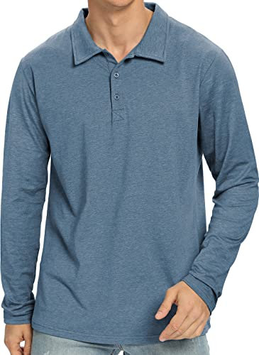 NITAGUT Polo Shirts for Men Short/Long Sleeve Soft Cotton Collared Shirt, Long Sleeve - Heather Blue, S