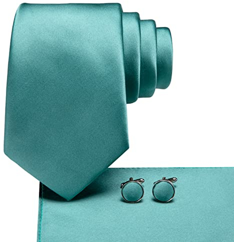 Hi-Tie Herren Krawatte Schwarz Paisley/Plaid/Streifen/Einfarbig Krawatten Set Einstecktuch Manschettenknöpfe Business Formal Hochzeit Meeting Geschenkbox,Leicht blaugrüner Feststoff