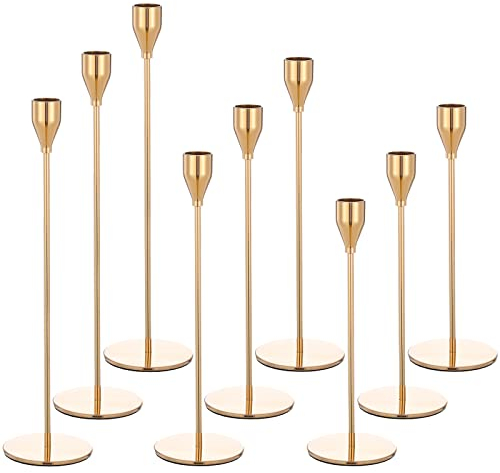 Teruntrue 9 Stück Kerzenständer Kegel Kerzenhalter, Gold Metall Kerzenhalter Kerzenständer Tisch Centrepieces Set für Hochzeit Weihnachten Kerzenlicht Abendessen Jahrestag Home Decoration