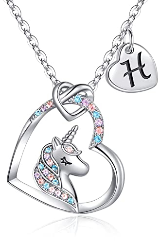 TINGN Einhorn Geschenke: 14 Karat Vergoldete Silber Herz Einhorn Kette mit Buchstabe H Anhänger für Mädchen ab 8 Jahren