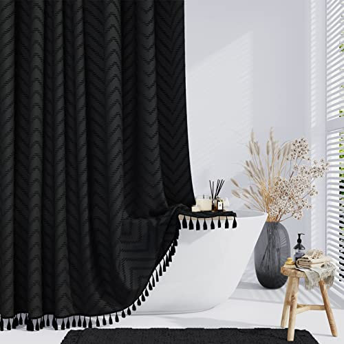 Dynamene Rideau de douche en tissu semi-touffeté de style bohème pour salle de bain – Rideau de douche étroit et épais en polyester imperméable avec 6 crochets – 91 x 183 cm – Noir