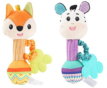 Greifling zum Rasseln-Baby Spielzeug, 2 Pack Cartoon Tier Rassel mit Klingel Glocke, Pädagogisches Plüsch-Babyspielzeug passend für Jungen und Mädchen im Alter von 0+Monaten (Fuchs+Zebra)
