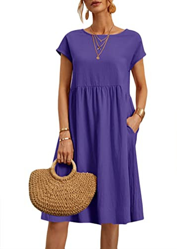Earnmore Robe Femme Coton Lin Robes Décontracté à Manches Courtes Couleur Unie Robes Ete Col Rond Robe Tunique Ample Vintage Robe de Plage A Violet XXL