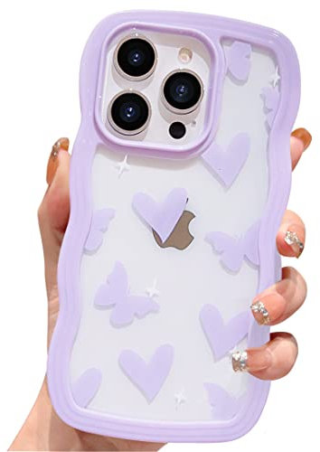 HZLFCZL Compatible with iPhone 14 Pro Max Case Cute Cartoon Heart Butterfly Clear Pattern Design Women Girls Kawaii Wave Slim Soft TPU Transparent Cover for iPhone 14 Pro Max 6.7 inch-Purple