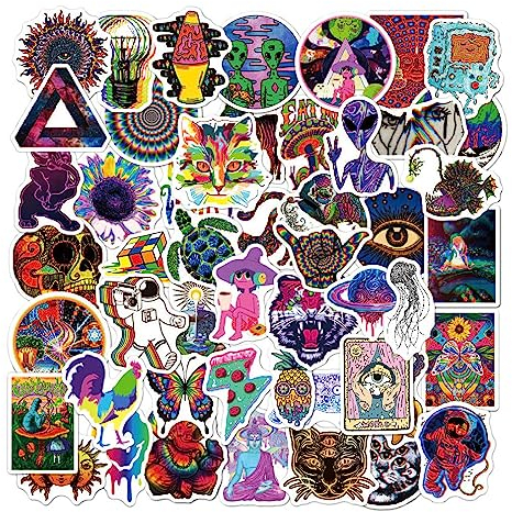 Qpout 100pcs Psychedelic Hippie Aufkleber Wasserdicht Trippy Zubehör Aufkleber, Hippie Aufkleber Packs für Erwachsene, Hippie Aufkleber Für Wasserflaschen Computer Telefon Gitarre Gepäck
