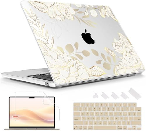 Lepeoac Compatible with MacBook Air 15 inch Case A2941 M2 A3114 M3 Chip 2023 2024 Release, Plastic Hard Shell Case with Keyboard Cover for Mac Air 15.3 inch Fits Touch ID - Gold Rose Flowers