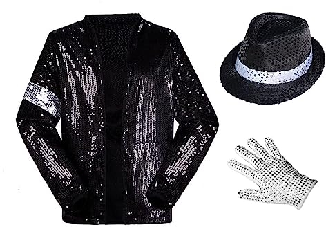 Shuanghao Kostüme Anzugjacken Jacket Top+Hat+Glove 3PS für Erwachsene Kinder Weihnachten Halloween Cosplay Puppe Partys Tänze Retro Punk Männer Frauen Mäntel Outfits Kleidung (Schwarz 150cm)