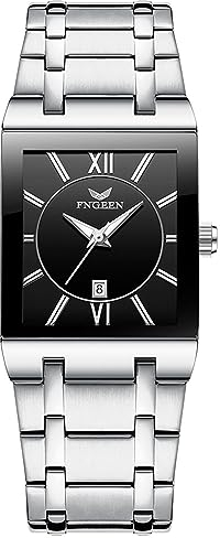 JewelryWe Uhren Herren Edelstahl Quadrat - Schwarz Quadratische Römische Ziffern Zifferblatt 30m wasserdichte Kalender Analog Quarz Armbanduhr mit Silber Edelstahl Armband Uhr für Männer