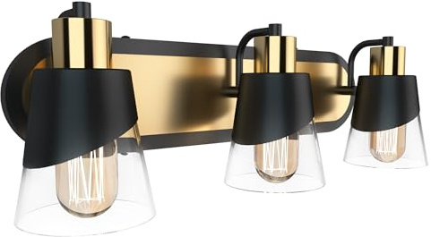 URSOLA Bathroom Vanity Light, 3 Lights Bathroom Light Fixtures, 19.7 inch Bathroom Light Fixtures Over Mirror Black and Gold, with Bevelled Edge and Clear Glass Shade Wall Lamp