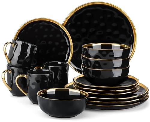 LOVECASA Serie Apollo Vajillas Elegantes con Borde Dorado para 4 Personas de Gres, Set de 16 Piezas con Cuencos 740 ml, Tazas 400 ml, Platos de Postre 21,3 cm y Platos de Cena 27,5 cm, Negro
