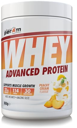 Per4m Whey Protein, Molkenprotein mit vollem Aminosäureprofil, unterstützt Muskelaufbau & Regeneration, reich an essentiellen Aminosäuren, für Sportler nach dem Training – Pfirsich-Creme – 900g