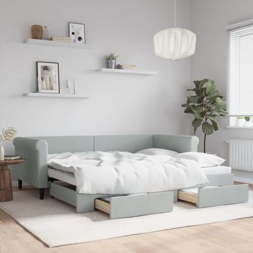 DJEKA Tagesbett Ausziehbar 90x200 cm mit Schubladen Jugendbett 90x200 cm Bett Mit Ausziehbett Hellgrau-36 Tagesbett 90x200 Ausziehbar Tagesbett aus Holz Tagesbettgestell Sofabett Schlafsofa Samt