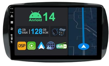 YUNTX 9 pollici Android 14 Autoradio per Mercedes Benz Smart 453 Fortwo 2014-2020 | Octa Core | 6GB 128GB | Integrato 4G LTE | CarPlay&Android Auto | DSP | DAB | HDMI | Dual Band WIFI | Bluetooth 5.0