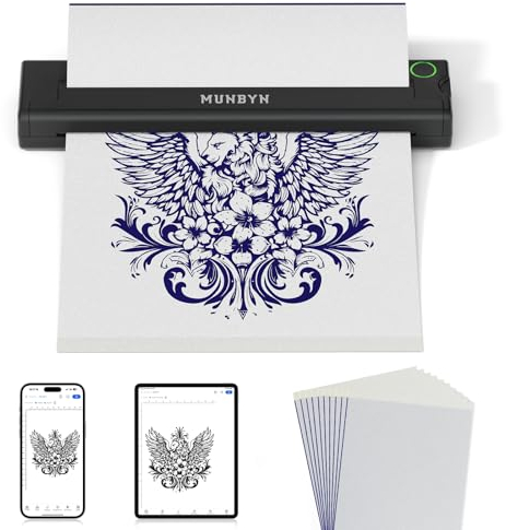 MUNBYN Tattoo Drucker Bluetooth, Stencil Drucker, Tattoo Printer Thermodrucker mit 20 Blatt A4 Transferpapier, Kompatibel mit Android iOS macOS Windows, ITP05, Schwarz