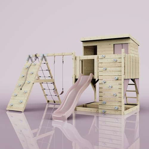 PolarPlay Spielturm Emil aus Holz in Rosa Kinderschaukel