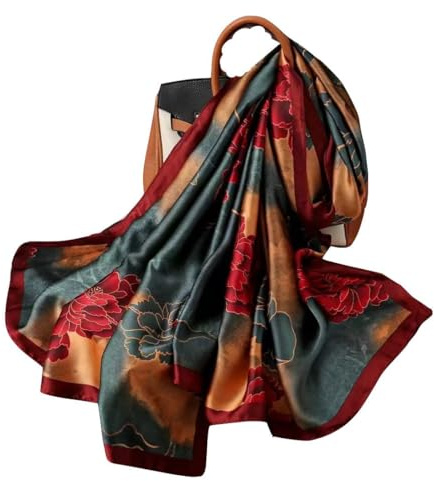 WEIGEER Foulard en soie femmes châle Écharpe en soie Silk Scarf Women Chiffon Shawl White Neckerchief Head Wrap Thin Scarf Beach Hijab Belt Vintage Bridal Shawl Binder (Rouge-vert)