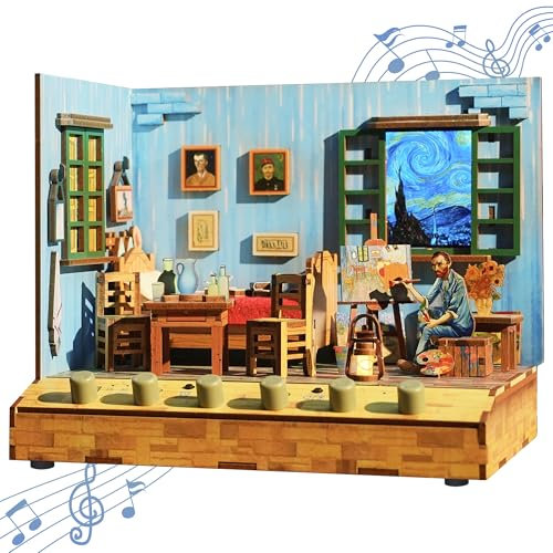Tonecheer DIY Miniatur Vincents Schlafzimmer Minihaus Modell Kits für Erwachsene zu Bauen, 3D Holzpuzzle Modellbausatz mit Sound-Effekte, Bücherregal Dekoration Geburtstagsgeschenk für Frauen Männer