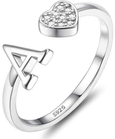 JeweBella Herz Ring Silber 925 Damen mit Buchstaben A-Z Verstellbar Stapeln Daumenring Fingerring Eheringe Engagement Promise Ring Verlobungsring Initiale Ringe Damen Mädchen mit Box