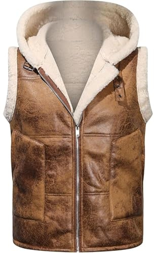 Dicke Weste aus Schaffell, für Herren, Winterjacke, Leder, warm, mit Kapuze, Motorrad, Freizeit, PU-Mantel, Weste