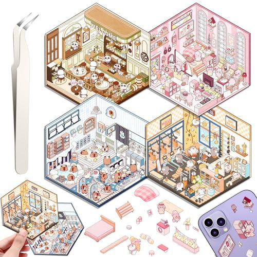 4 Sets DIY 3D House Stickers, DIY Haus Aufkleber Stickers Machen Sie Ihren Eigenen, Supermarkt, Kaffeehaus, Buchhandlung, Restaurant, Cute 3D Scene Sticker Set mit 1 Pinzetten