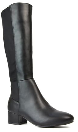 ESSEX GLAM Women's Stretchy Boots Ladies Low Heel Elasticated Calf Knee Black Biker Style Booties Size 3-8