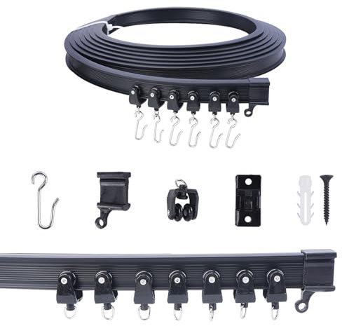 FOGAWA 5m Vorhangschiene mit 40 S Haken, Deckenvorhangschiene, Flexible Gardinenschiene, Gebogen, Deckenschiene für Duschvorhangstange, Raumteiler, Vorhangschienensystem Deckenmontage, Schwarz