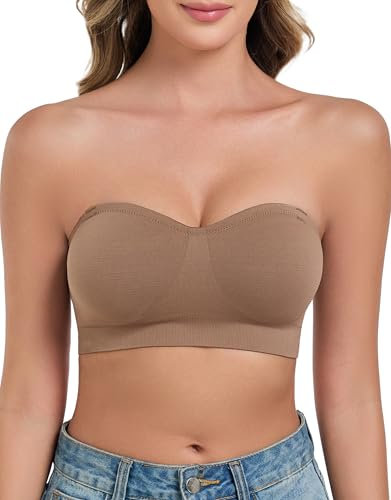 ANGOOL Damen Trägerloser BH ohne Bügel Push Up BH ohne Träger Feste Polster Bandeau Top Damen Seamless mit Transparente und Primärfarbige Träger, Braun, S