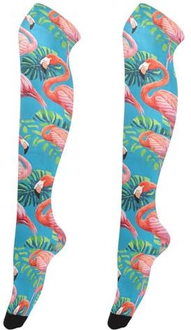 Paire de chaussettes hautes pour femme Motif flamants roses et feuilles de palmier Bleu, Tableau Vintage Flamants Roses Feuille de Palmier Bleu, taille unique