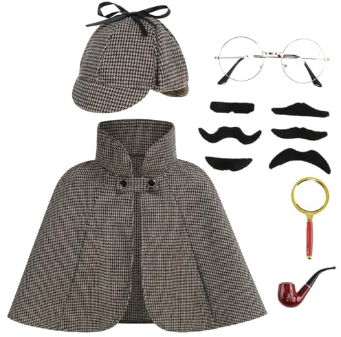 HAPNBCELE 6PCS Detective Costume Cape for Kids, Private Inspector Outfit Set with Hat Halloween Christmas 100 Days of School