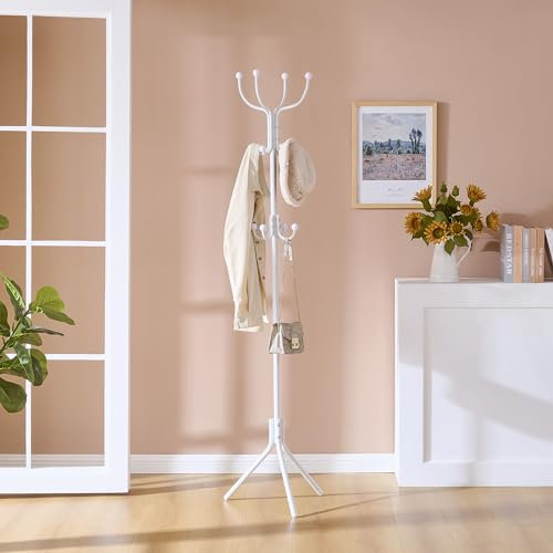 FAVOOSTY Porte Manteau sur Pieds, Portant à Vêtement d’Entrée en Métal sur Pieds,182 cm,avec 12 crochets, porte-veste, pour Entrée, salon, Couloir, chambre à coucher, Blanc