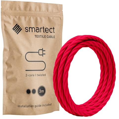 smartect Textilkabel gedreht 2-Adrig (2 x 0.75 mm²) Rot, 3 Meter | Vintage Lampenkabel Stoff, Stromkabel textilummantelt für eigenes DIY Projekt