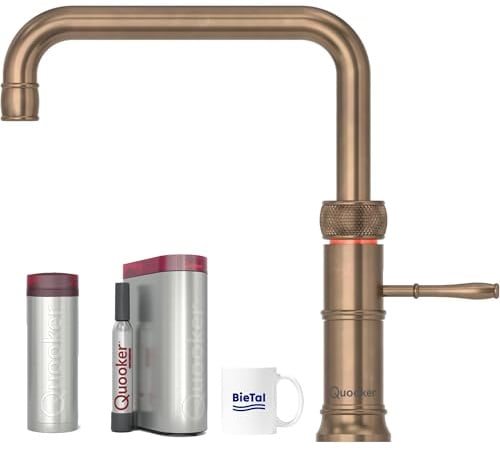 Quooker Wasserhahn Classic Fusion Square Messing Patina & PRO3 Reservoire für kochendes Wasser Heißwasser & Cube für gekühltes sprudelndes Wasser Sprudelwasser mit BieTal® Keramiktasse 355 ml